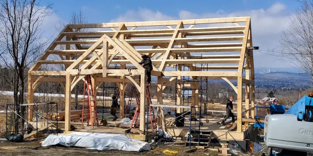 House skeleton built from timber frames in winter