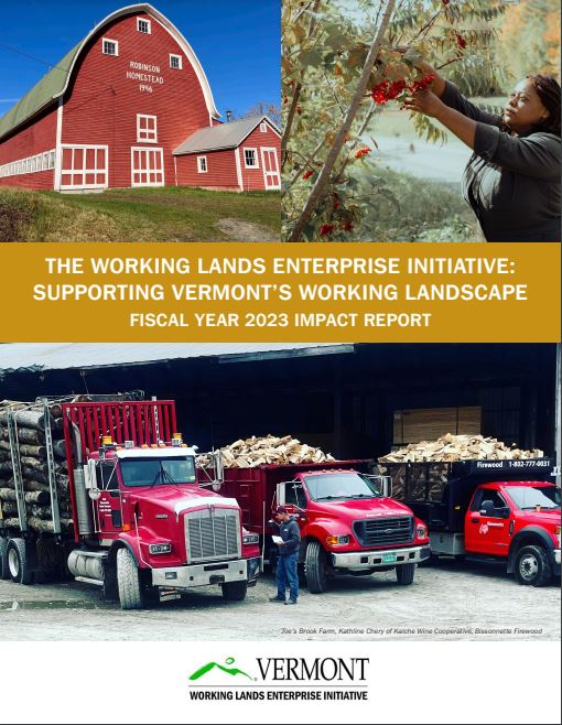 FY23 Impact Report Cover with photo of red barn, a person picking grapes, and a red truck filled with firewood