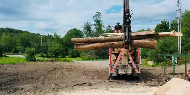 A machine lifts several logs against a blue sky background with green mountains