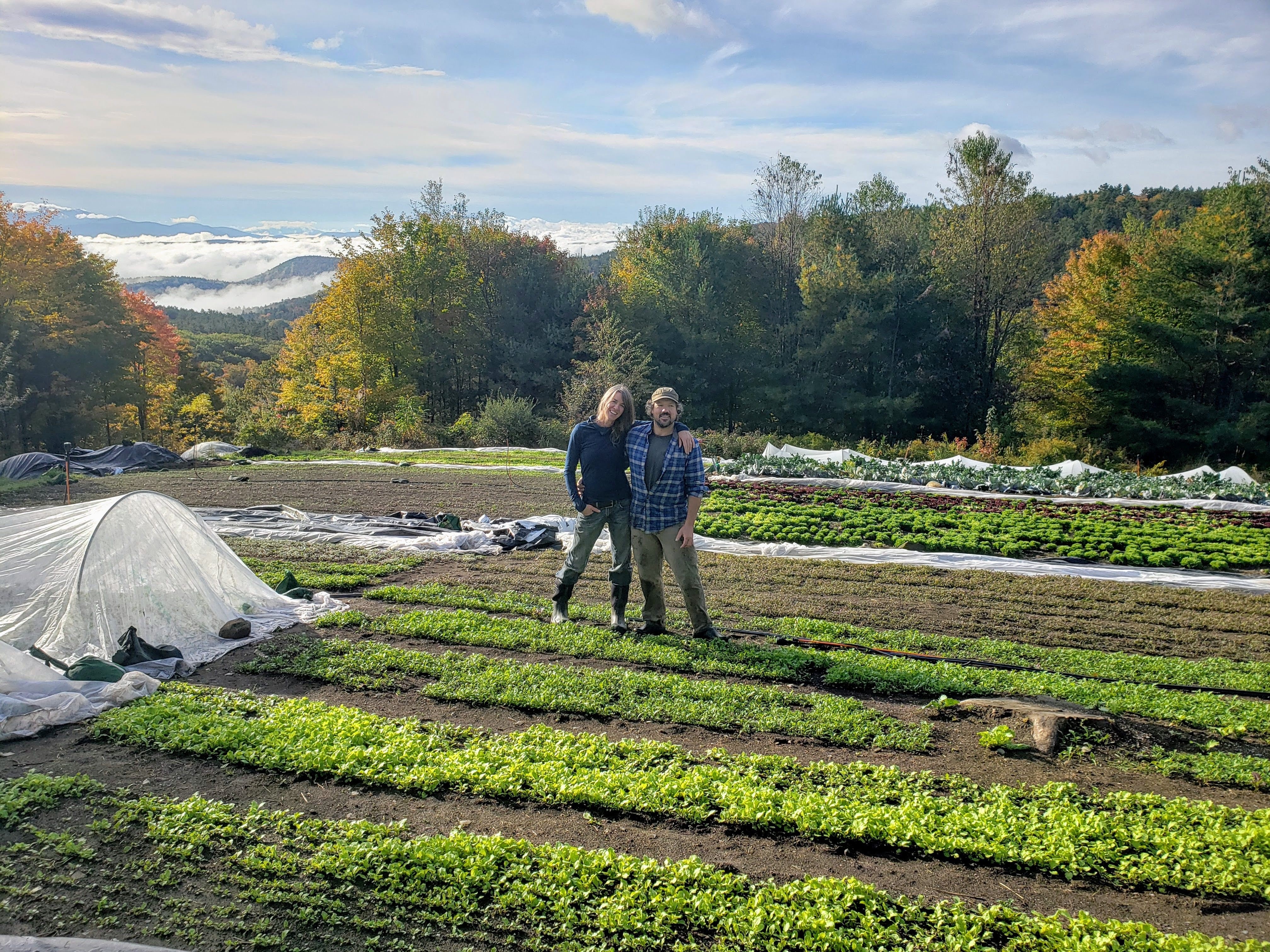 Two people stand arms across shoulders in a hillside farm field in summer with mountains and sky in the background