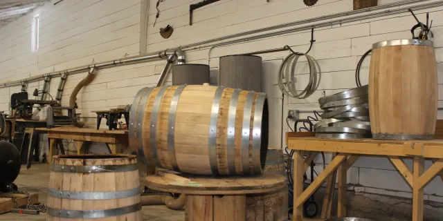 Image of wooden barrels in a workshop