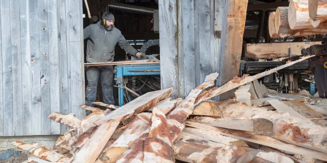 A person saws logs in a saw mill. There is a pile of sawn scraps in the front of the frame.  Credit Erica Housekeeper. 